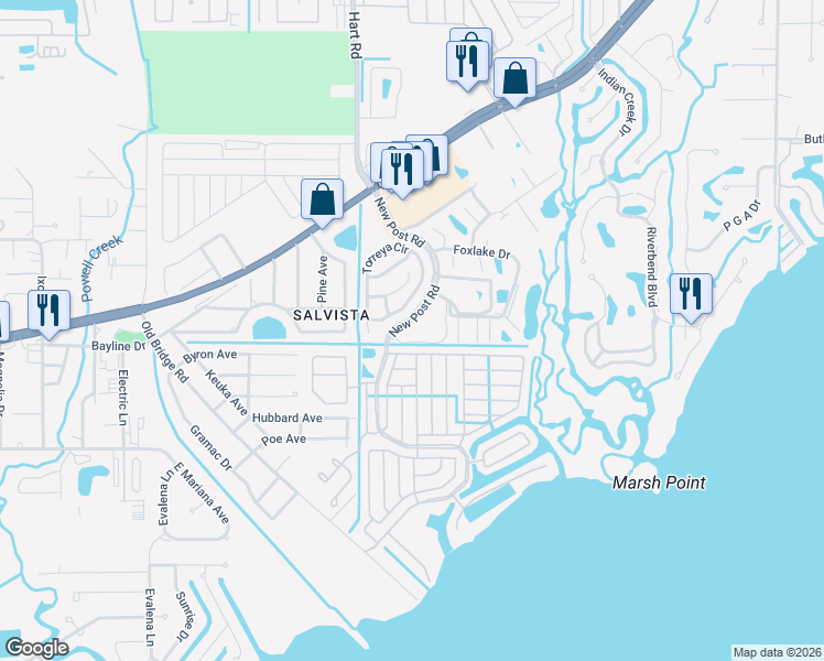 map of restaurants, bars, coffee shops, grocery stores, and more near 14565 Paul Revere Loop in North Fort Myers