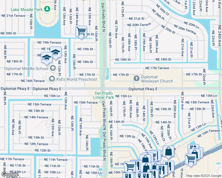 map of restaurants, bars, coffee shops, grocery stores, and more near 1592 Diplomat Parkway East in Cape Coral