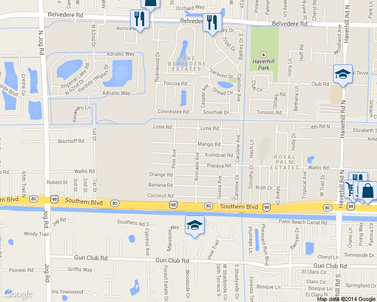 map of restaurants, bars, coffee shops, grocery stores, and more near 5776 Kumquat Road in West Palm Beach