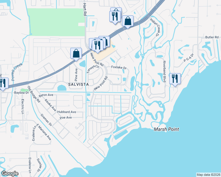 map of restaurants, bars, coffee shops, grocery stores, and more near 14585 Paul Revere Loop in North Fort Myers