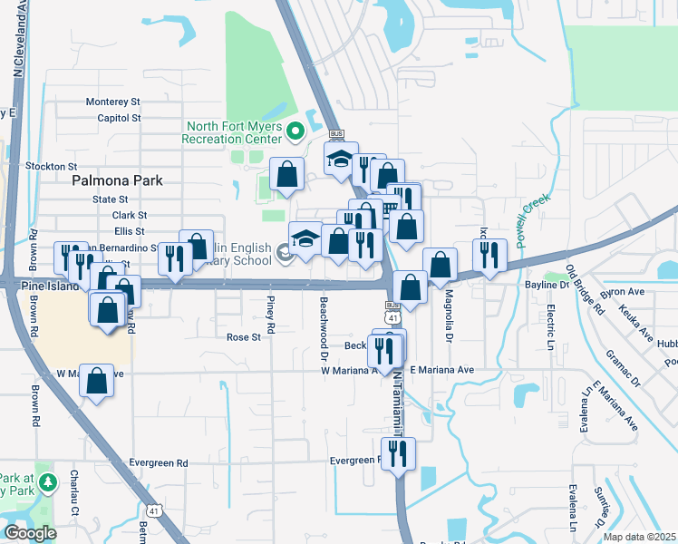 map of restaurants, bars, coffee shops, grocery stores, and more near 1646 Beachwood Drive in North Fort Myers