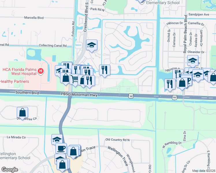 map of restaurants, bars, coffee shops, grocery stores, and more near 12025 Park Central in Royal Palm Beach