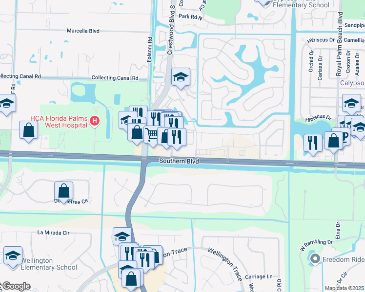 map of restaurants, bars, coffee shops, grocery stores, and more near 11959 Southern Boulevard in Royal Palm Beach