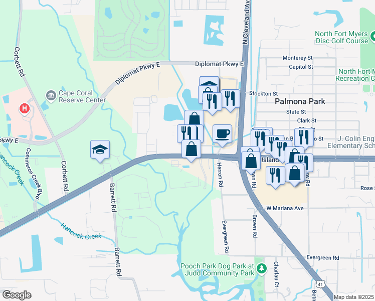 map of restaurants, bars, coffee shops, grocery stores, and more near 3051 Northeast Pine Island Road in Cape Coral