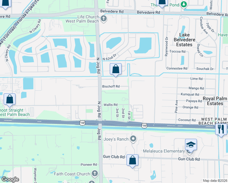 map of restaurants, bars, coffee shops, grocery stores, and more near 6353 Wallis Road in West Palm Beach