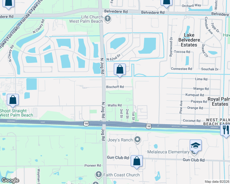 map of restaurants, bars, coffee shops, grocery stores, and more near 6353 Wallis Road in West Palm Beach