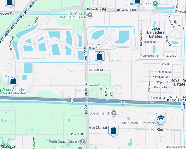 map of restaurants, bars, coffee shops, grocery stores, and more near 6353 Wallis Road in West Palm Beach