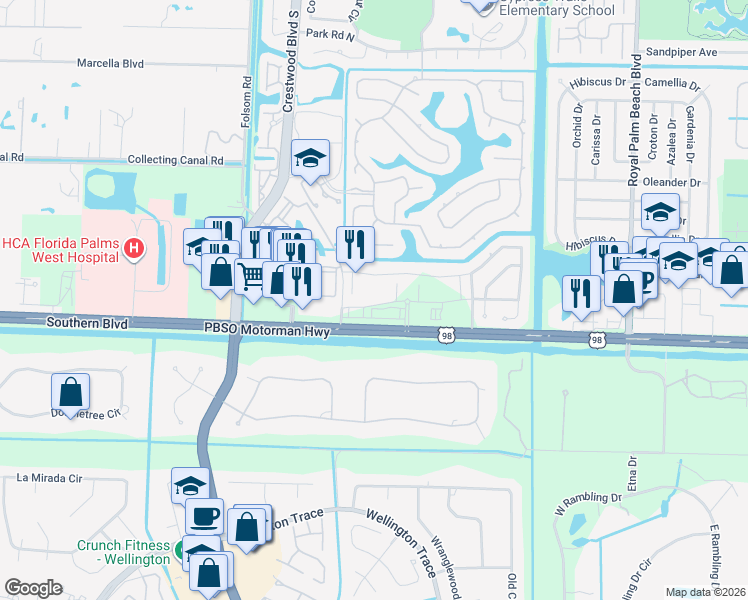 map of restaurants, bars, coffee shops, grocery stores, and more near 12025 Park Central in Royal Palm Beach