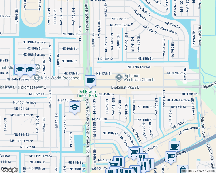 map of restaurants, bars, coffee shops, grocery stores, and more near 1709 Northeast 15th Lane in Cape Coral