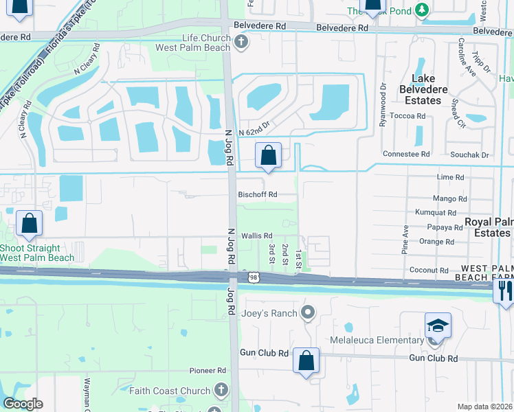 map of restaurants, bars, coffee shops, grocery stores, and more near 6353 Wallis Road in West Palm Beach