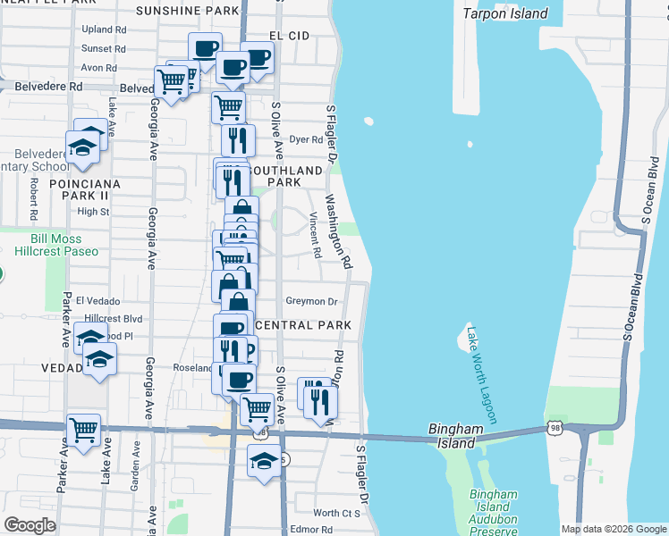 map of restaurants, bars, coffee shops, grocery stores, and more near 170 Greenwood Drive in West Palm Beach