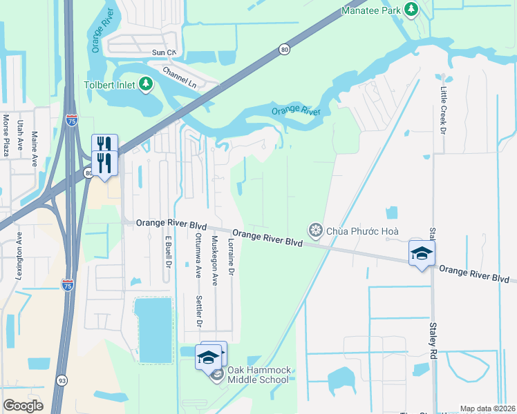 map of restaurants, bars, coffee shops, grocery stores, and more near 10271-10299 Orange River Boulevard in Fort Myers