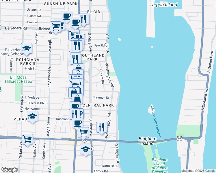 map of restaurants, bars, coffee shops, grocery stores, and more near 112 Roosevelt Place in West Palm Beach