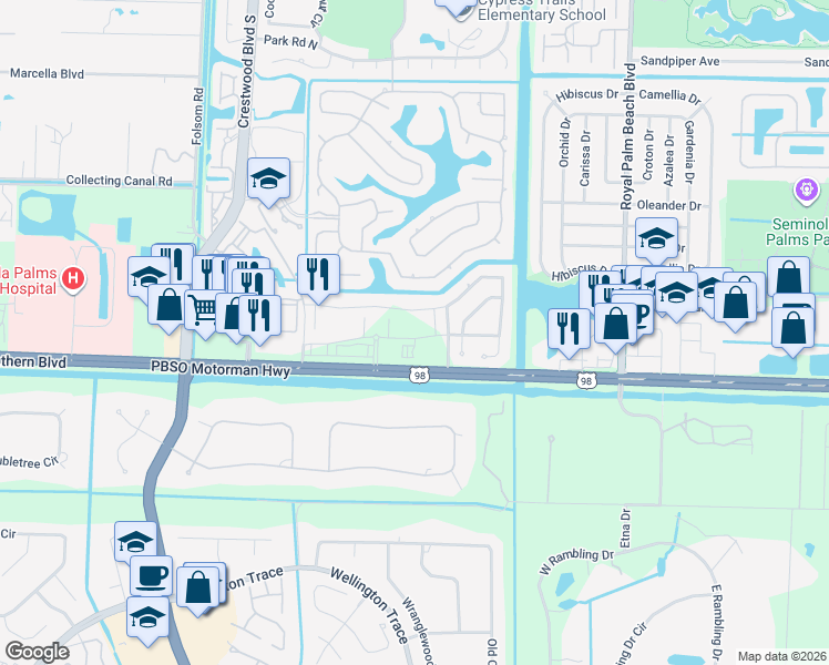 map of restaurants, bars, coffee shops, grocery stores, and more near 11924 Cypress Key Way in Royal Palm Beach