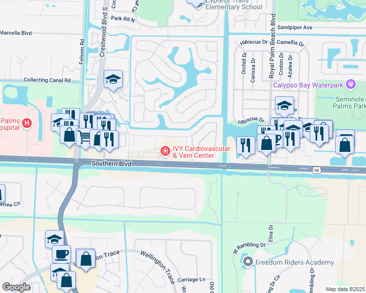 map of restaurants, bars, coffee shops, grocery stores, and more near 11924 Cypress Key Way in Royal Palm Beach