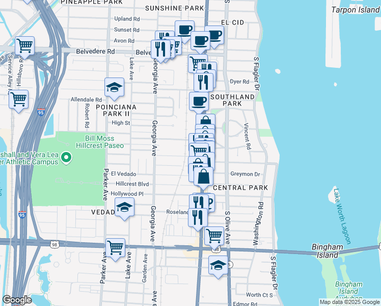 map of restaurants, bars, coffee shops, grocery stores, and more near 410 Hampton Road in West Palm Beach