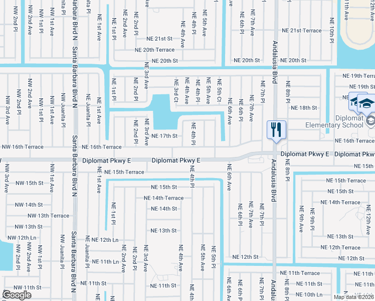 map of restaurants, bars, coffee shops, grocery stores, and more near 406 Northeast 16th Terrace in Cape Coral