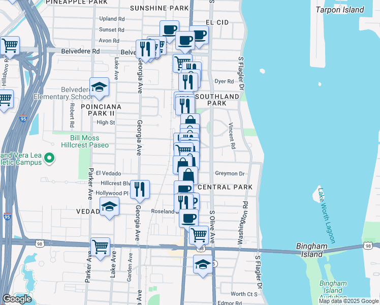 map of restaurants, bars, coffee shops, grocery stores, and more near 410 Hampton Road in West Palm Beach