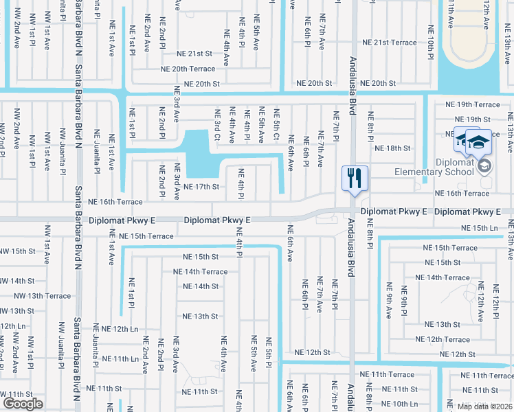 map of restaurants, bars, coffee shops, grocery stores, and more near 1613 Northeast 5th Avenue in Cape Coral