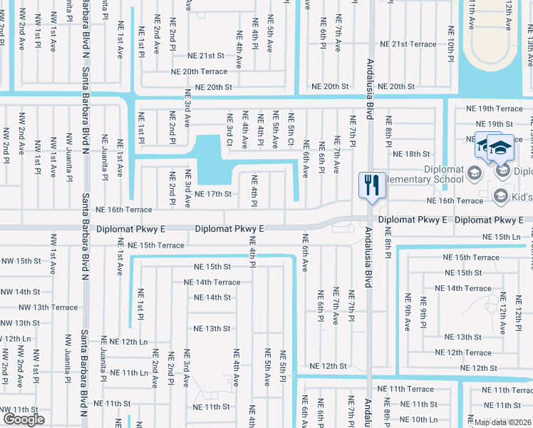 map of restaurants, bars, coffee shops, grocery stores, and more near 1613 Northeast 5th Avenue in Cape Coral