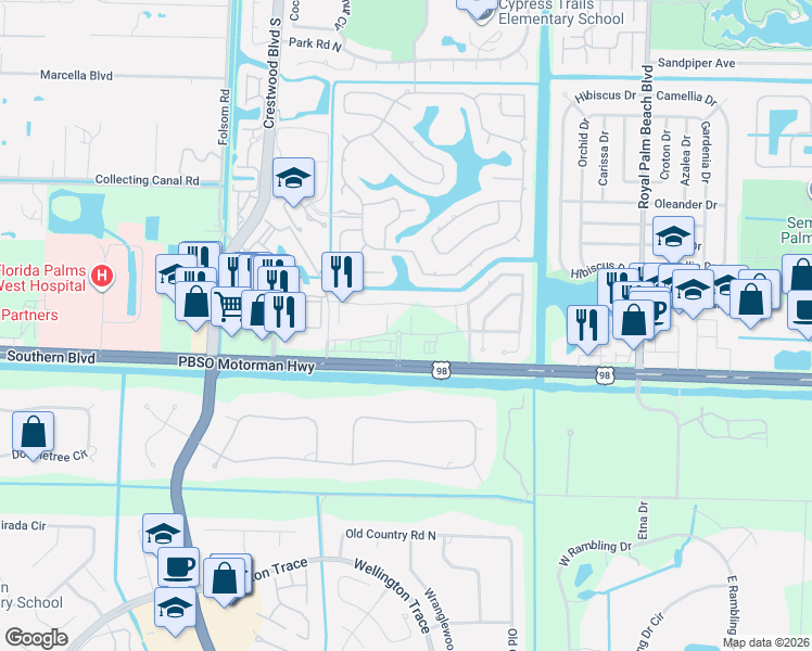 map of restaurants, bars, coffee shops, grocery stores, and more near 12000 Cypress Key Way in Royal Palm Beach