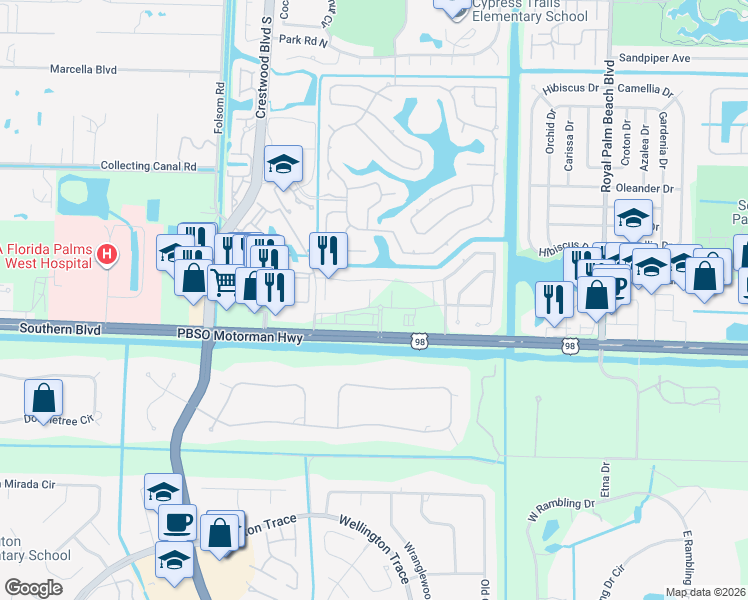 map of restaurants, bars, coffee shops, grocery stores, and more near 62 Sabal Court in Royal Palm Beach