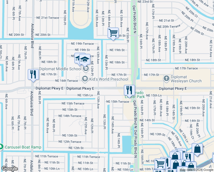 map of restaurants, bars, coffee shops, grocery stores, and more near 1312 Northeast 16th Terrace in Cape Coral