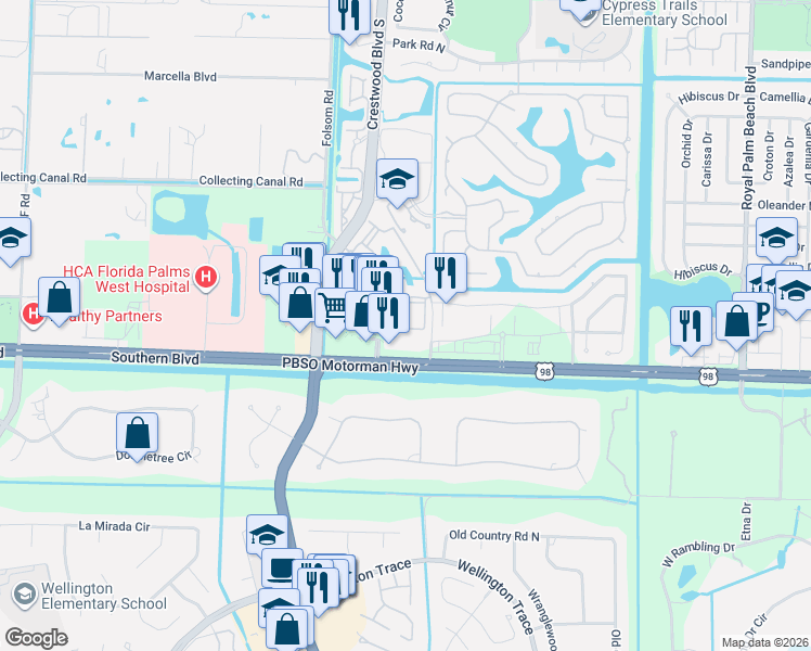 map of restaurants, bars, coffee shops, grocery stores, and more near 1100 Crestwood Court South in Royal Palm Beach