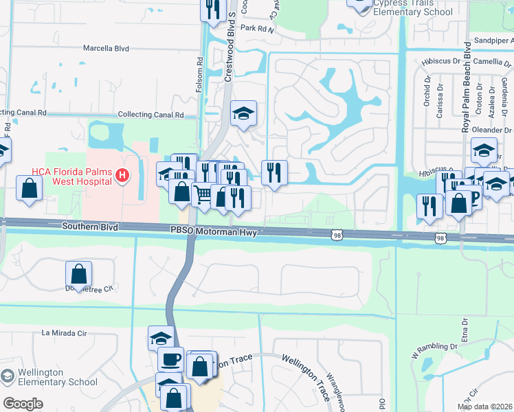 map of restaurants, bars, coffee shops, grocery stores, and more near 91 Palm Lane in Royal Palm Beach