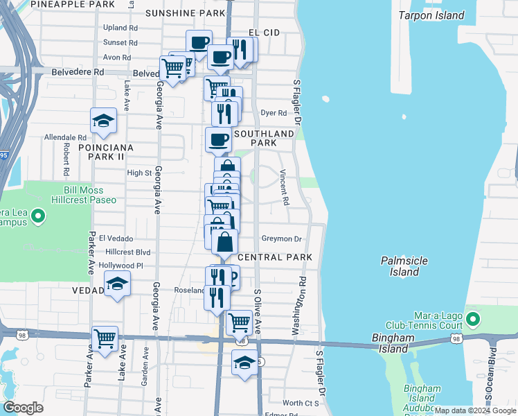 map of restaurants, bars, coffee shops, grocery stores, and more near 227 Marlborough Road in West Palm Beach