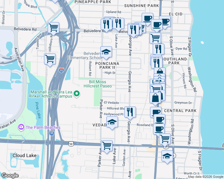 map of restaurants, bars, coffee shops, grocery stores, and more near 806 Ridgewood Drive in West Palm Beach