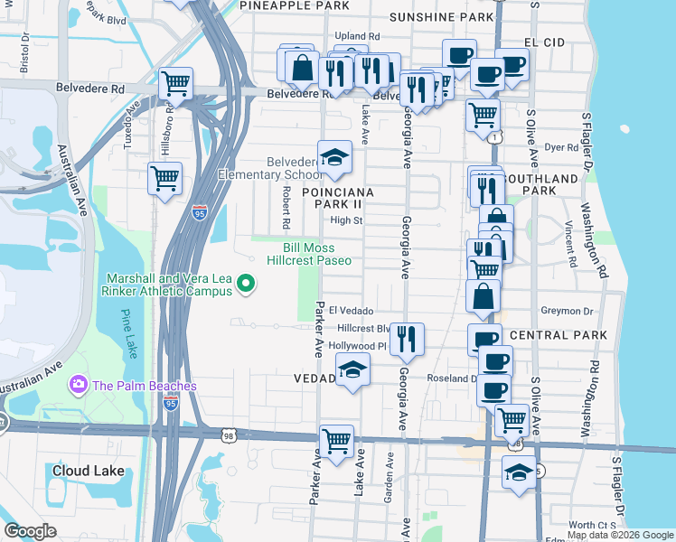 map of restaurants, bars, coffee shops, grocery stores, and more near 844 Ridgewood Drive in West Palm Beach