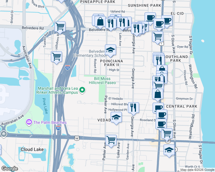 map of restaurants, bars, coffee shops, grocery stores, and more near 844 Ridgewood Drive in West Palm Beach
