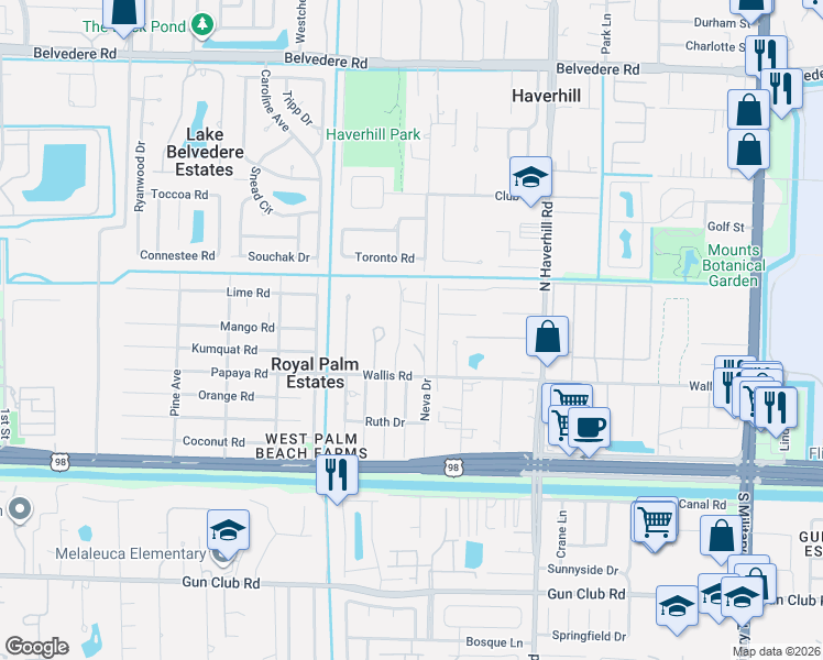 map of restaurants, bars, coffee shops, grocery stores, and more near 384 53rd Drive North in West Palm Beach