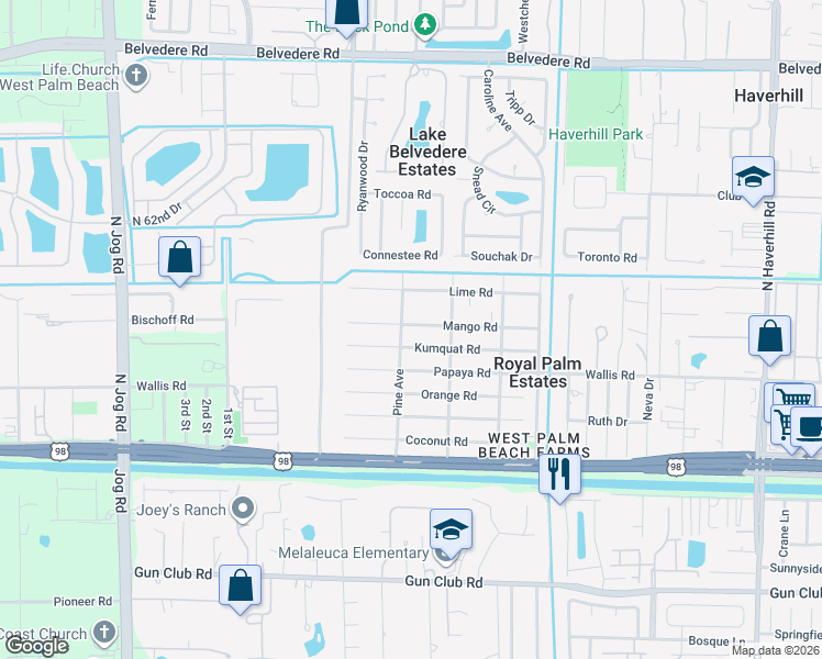 map of restaurants, bars, coffee shops, grocery stores, and more near 385 Pine Avenue in West Palm Beach