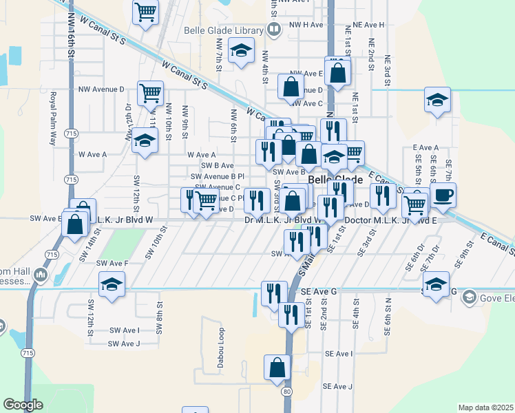 map of restaurants, bars, coffee shops, grocery stores, and more near 324 Southwest 5th Street in Belle Glade
