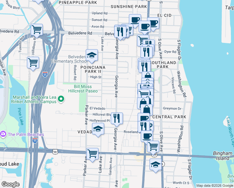 map of restaurants, bars, coffee shops, grocery stores, and more near 3222 Georgia Avenue in West Palm Beach