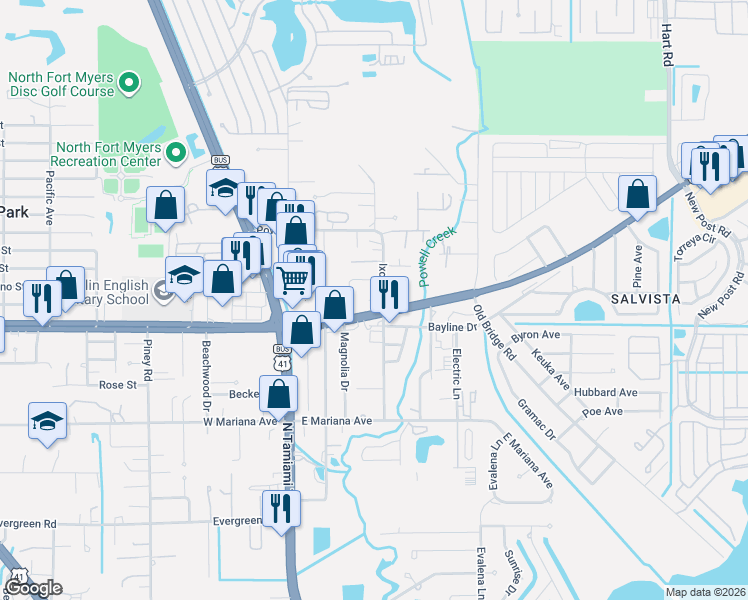 map of restaurants, bars, coffee shops, grocery stores, and more near 1699 Ixora Drive in North Fort Myers