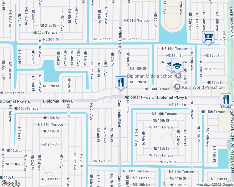 map of restaurants, bars, coffee shops, grocery stores, and more near in Cape Coral