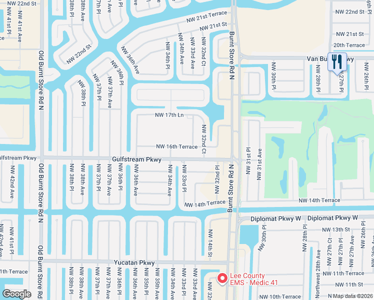 map of restaurants, bars, coffee shops, grocery stores, and more near 1615 Northwest 33rd Avenue in Cape Coral