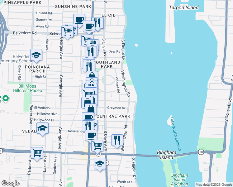 map of restaurants, bars, coffee shops, grocery stores, and more near 3130 Vincent Road in West Palm Beach