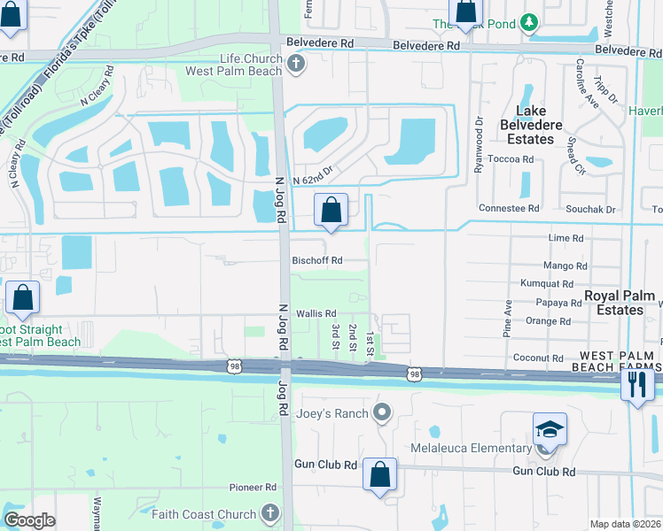 map of restaurants, bars, coffee shops, grocery stores, and more near 6368 Bishoff Road in West Palm Beach