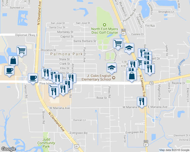 map of restaurants, bars, coffee shops, grocery stores, and more near 216 Redlin Street in North Fort Myers