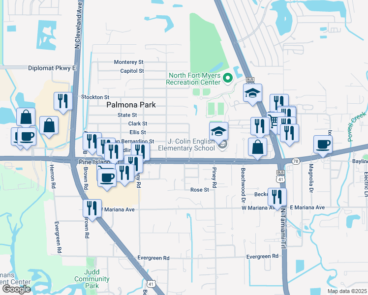 map of restaurants, bars, coffee shops, grocery stores, and more near 229 San Bernardino Street in North Fort Myers