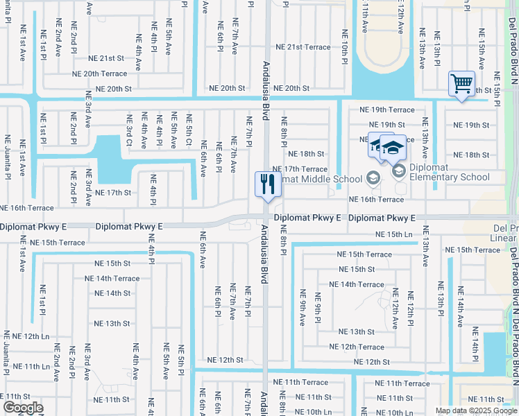 map of restaurants, bars, coffee shops, grocery stores, and more near 1606 Andalusia Boulevard in Cape Coral