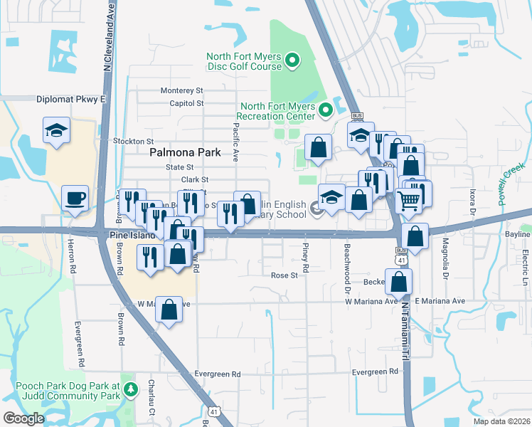 map of restaurants, bars, coffee shops, grocery stores, and more near 216 Redlin Street in North Fort Myers