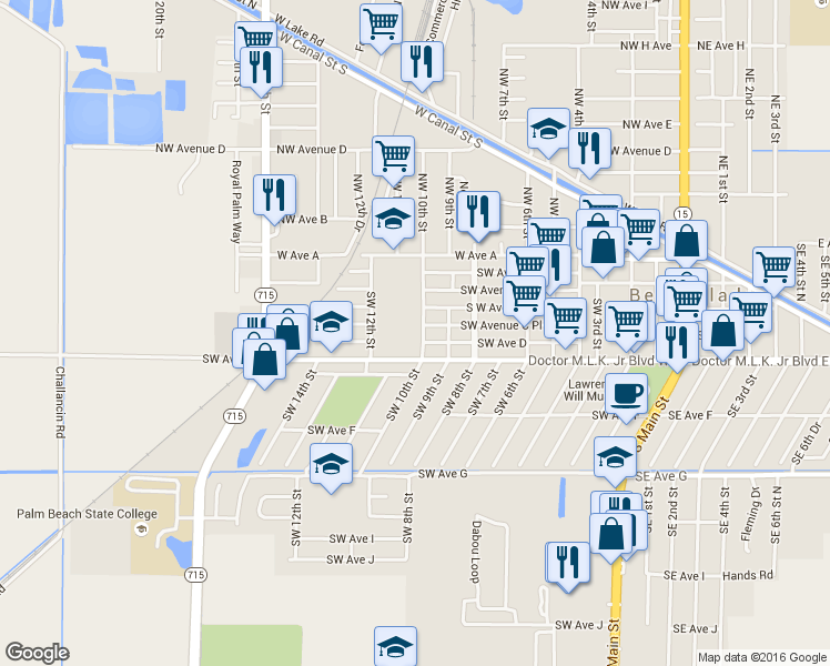 map of restaurants, bars, coffee shops, grocery stores, and more near 350 Southwest 10th Street in Belle Glade
