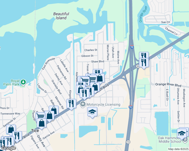 map of restaurants, bars, coffee shops, grocery stores, and more near 124 Vermont Avenue in Fort Myers