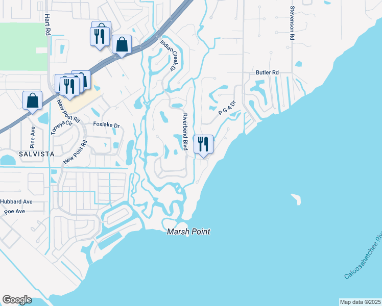map of restaurants, bars, coffee shops, grocery stores, and more near 15120 Riverbend Boulevard in North Fort Myers