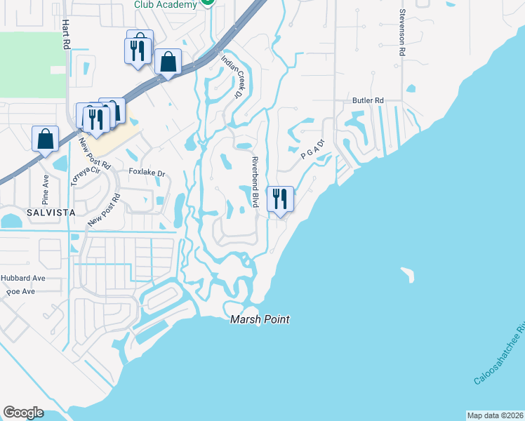 map of restaurants, bars, coffee shops, grocery stores, and more near 15120 Riverbend Boulevard in North Fort Myers